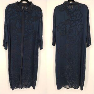 Grizas Silk Burn Out Floral Tunic Dress S Womens Navy Blue Sheer Button Down